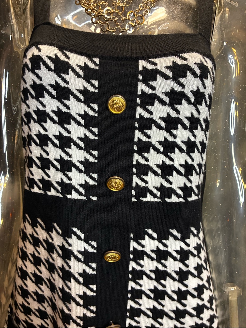 Black & White Houndstooth Knit Midi Dress with Gold Buttons - Picture 2 of 7